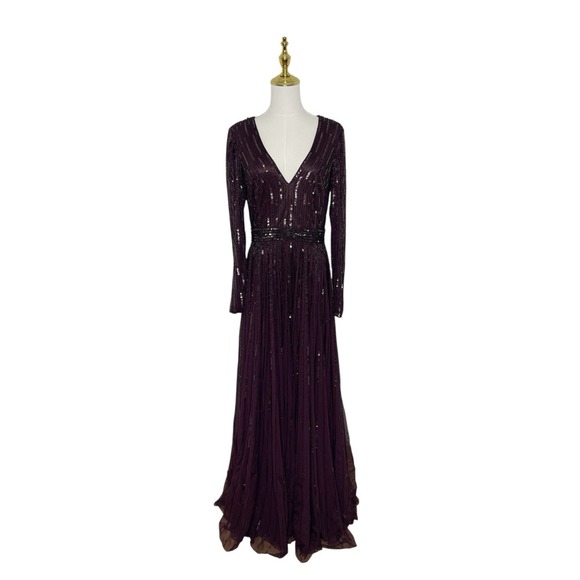 Mac Duggal 4977 Mulberry Sequined V Neck Illusion Sleeve A Line Gown Size 8 $598